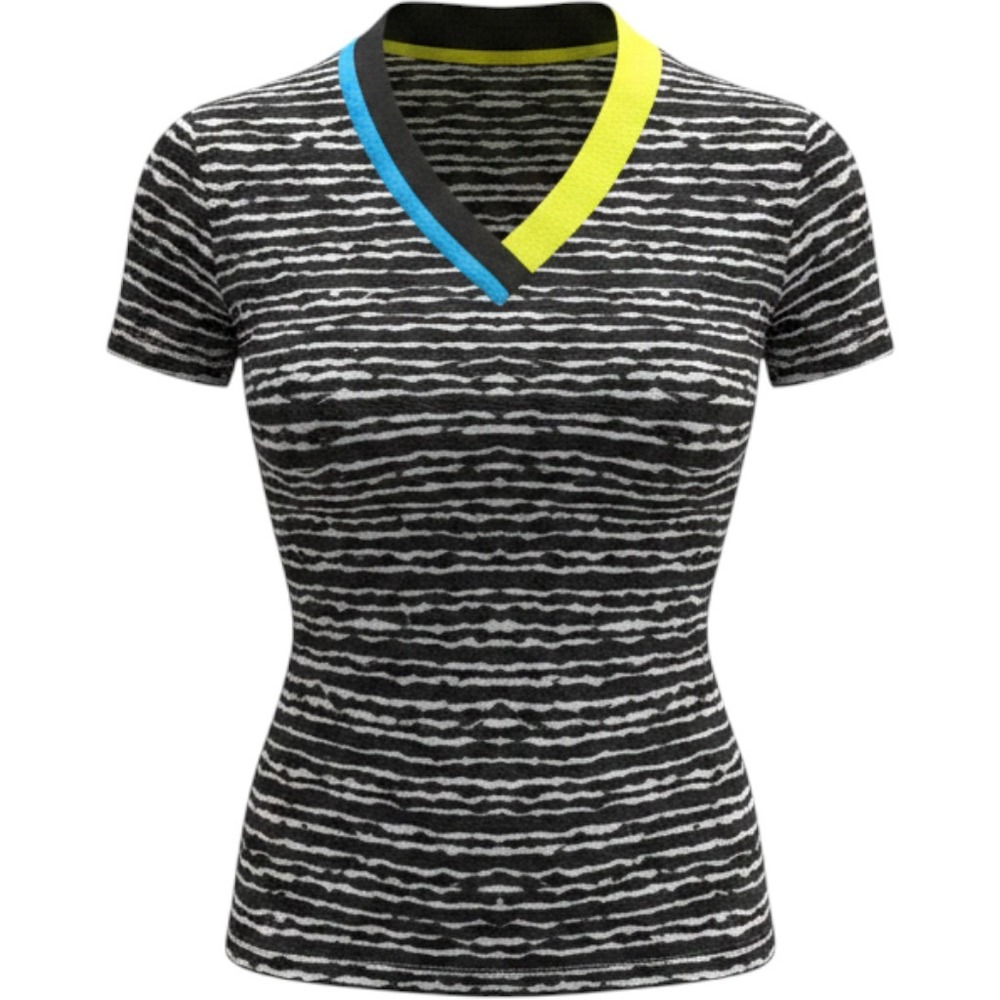 Jamie Sadock Golf Top Women Large Black White Stripe‎ Neon V-Neck Crinkle Sporty